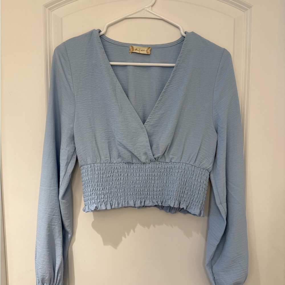 Altar’d State Light Blue V-Neck Smocked Long Sleeve Top